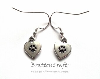 Silver Cat Paw Heart Earrings: Pet Lover Jewelry