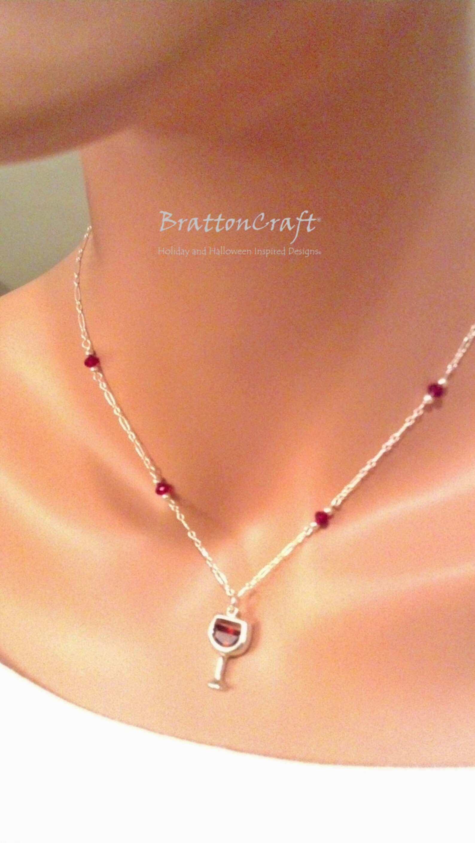 Sterling Silver Wine Glass Necklace With Red Beads Wine Etsy