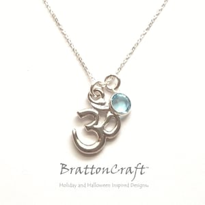 5/8 Inch Silver Om Necklace with Birthstone - Aum Necklace - Yoga Necklace - Birthstone Necklace - Spiritual Necklace