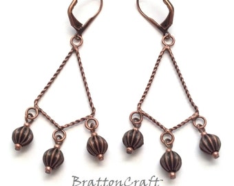 Antiqued Copper Chandelier Earrings with Round Metal Beads