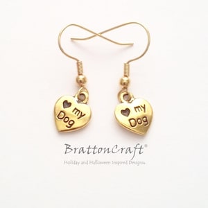 Gold Love My Dog Heart Earrings - Gold Dog Heart Earrings - Gold Paw Print Earrings - Heart Earrings - Dog Earrings