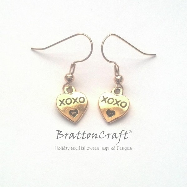 Gold Mother's Day Earrings - Gold XOXO Heart Earrings - Gold Love Mom Heart Earrings - Valentine Earrings - Gold Heart Earrings