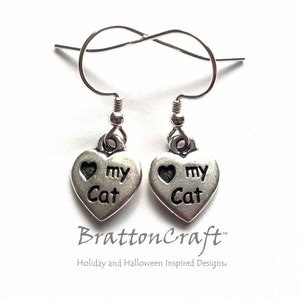 Silver Love My Cat Heart Earrings - Cat Heart Earrings - Paw Earrings - Heart Earrings - Cat Earrings - Cat Jewelry - Cat Lover