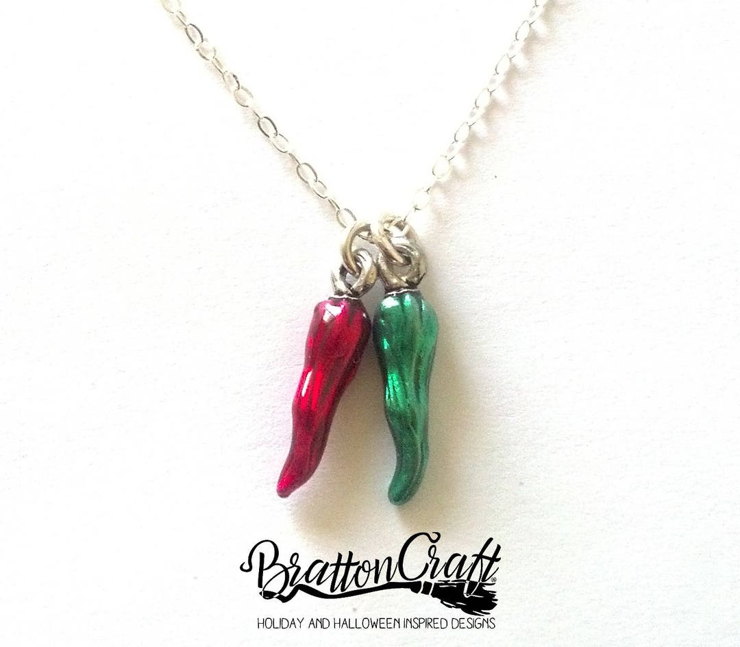 Silver Chili Peppers Necklace With Green and Red Epoxy Resin Chili