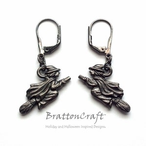 Flying Witch Earrings: Gunmetal Pewter Halloween Jewelry