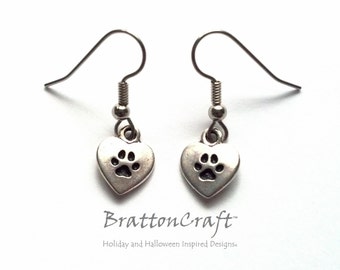 Silver Dog Paw Print Heart Earrings: Pet Lover Jewelry
