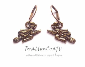 Gold Flying Witch Earrings: Halloween Pewter Jewelry