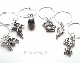 Silver Halloween Wine Glass Charms - Halloween Jewelry - Barware - Wine Charms - Wine Lover