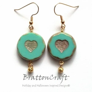 Czech Glass Heart Earrings - Turquoise Bead with Heart Earrings - Gold Heart Earrings - Czech Glass Bead Earrings