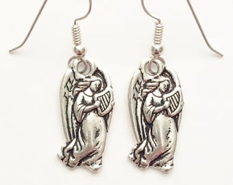 Silver Angel Earrings: Pewter Harp, Religious Jewelry
