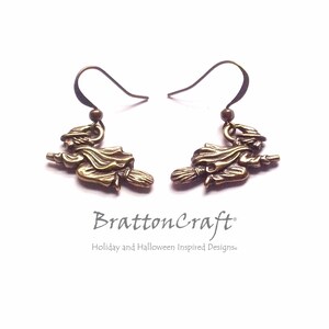 Gold Flying Witch Earrings: Halloween Pewter Jewelry
