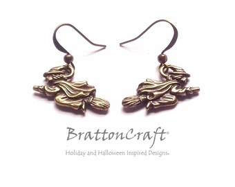Gold Flying Witch Earrings: Halloween Pewter Jewelry