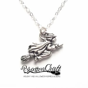 Silver Flying Witch on Broom Necklace - Silver Witch Necklace - Halloween Necklace - Halloween Jewelry - Samhain