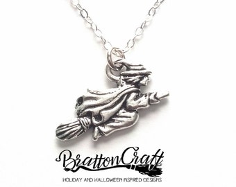 Silver Flying Witch on Broom Necklace - Silver Witch Necklace - Halloween Necklace - Halloween Jewelry - Samhain