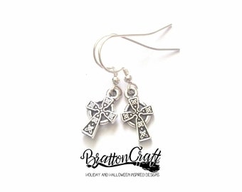 Silver Celtic Cross Earrings:  Sterling Ear Wires, Irish Jewelry