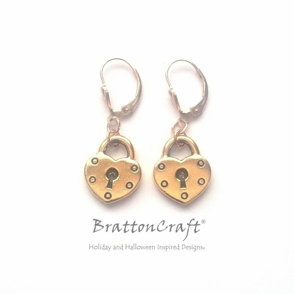 Antiqued Gold Heart Lock Earrings - Gold Heart Lock Earrings - Valentine Earrings - Heart Lock Charm Earrings