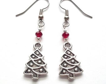 Christmas Tree Earrings: Pewter Charm, Swarovski Crystal, Stainless Steel
