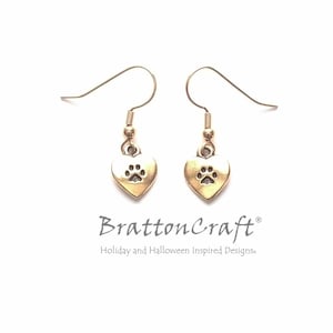 Gold Dog Paw Earrings - Heart My Dog Earrings - Paw Earrings - Heart Earrings - Gold Heart Earrings - Dog Earrings
