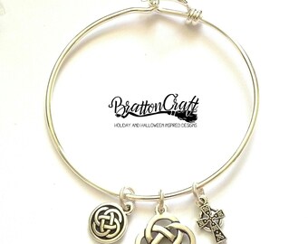 Celtic Charm Bangle Bracelet: Pewter Knot & Cross Charms