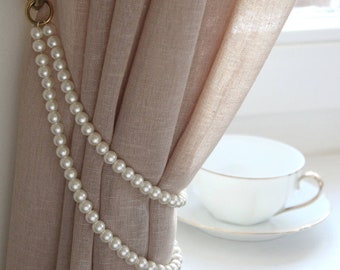 TAMMY' Shabby Chic  Styled Curtain Tie-back Pearl Handmade with metal rings Lenght 19" or 49cm Doubled  White Ivory Pink  Pearl Tie-backs