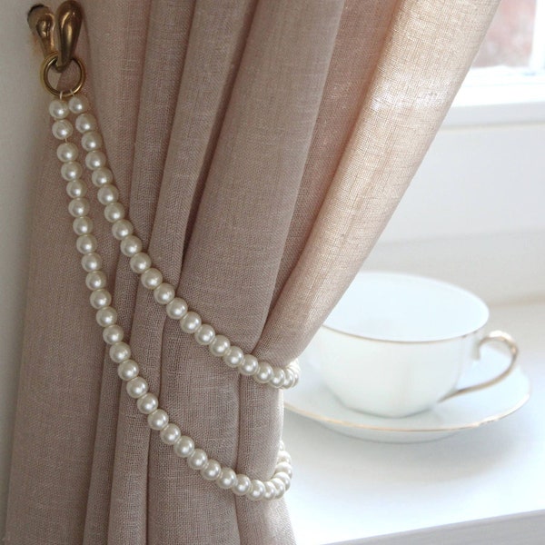 TAMMY' Shabby Chic  Styled Curtain Tie-back Pearl Handmade with metal rings Lenght 19" or 49cm Doubled  White Ivory Pink  Pearl Tie-backs