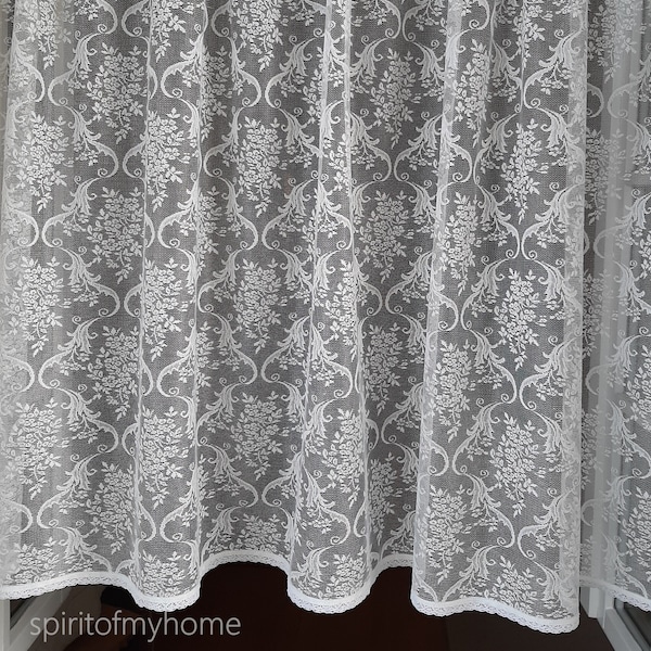 JOSEPHINE Fabulously Well Dropped Handmade Natural White Lace  Curtain with White Lace Trim Sale By the Panel or Custom