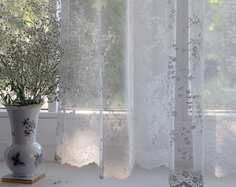 Bonnie Charming  Rose Patterned Embroidered French Net Tulle Lace Curtain Vintage and fresh white color