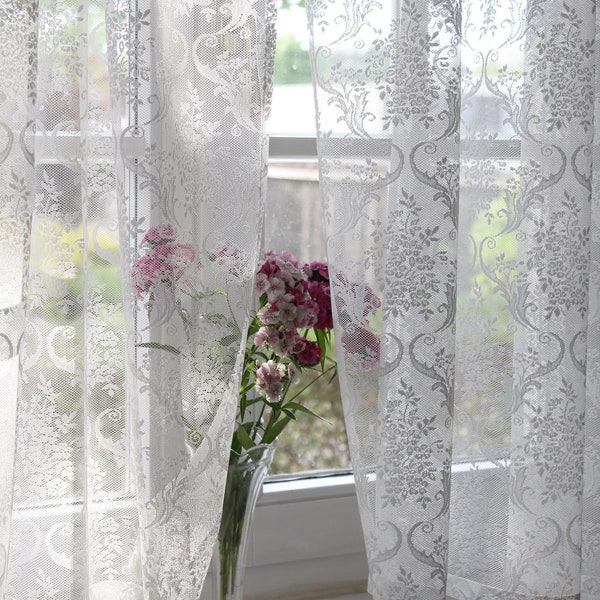 ONE SET Cafe curtains of Josephine Fine French Embroidered Natural White  Lace  Curtain Sale By SET with Hem at the  Bottom