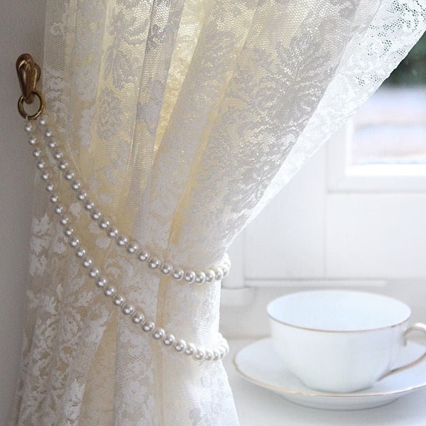One piece of Tammy Premium Quality Czech Pearls Doubled Styled Curtain Tie-back Handmade with Brass Metal Rings One piece White Ivory Pink