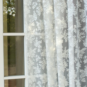 TINA Vintage patterned dark Ivory Net Tulle Lace Curtain Full Lenght W70" or W112" 180cm or 285cm Scalloped Edge Sale By the Yard or Custom