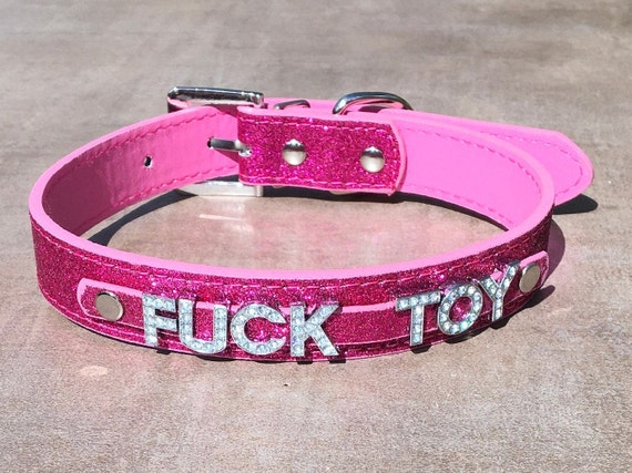 FUCKTOY Fuck Toy rhinestone choker Sparkly Hot Pink vegan leather collar for daddy's little slut ddlg hotwife shared owned Cum Slut Fuck Me