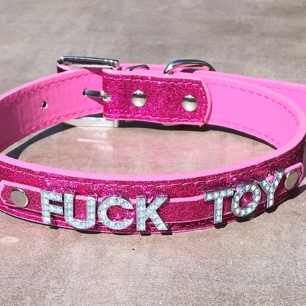 FUCKTOY Fuck Toy rhinestone choker Sparkly Hot Pink vegan leather collar for daddy's little slut ddlg hotwife shared owned Cum Slut Fuck Me