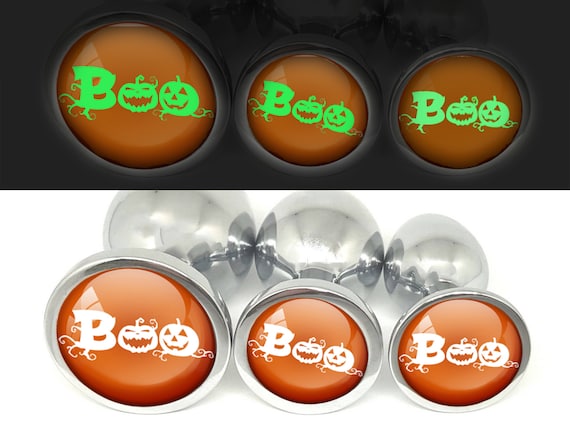 Glow in the Dark Boo Pumpkin Face Butt Plug — Jack-o-Lantern Metal Butt Plug — Choose Your Size or Set of 3 Anal Plugs