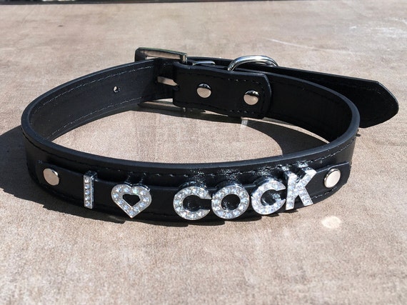 I LOVE COCK rhinestone choker I Heart Dick Black vegan leather collar for daddy's little slut ddlg hotwife shared owned Cum Slut Fuck Me