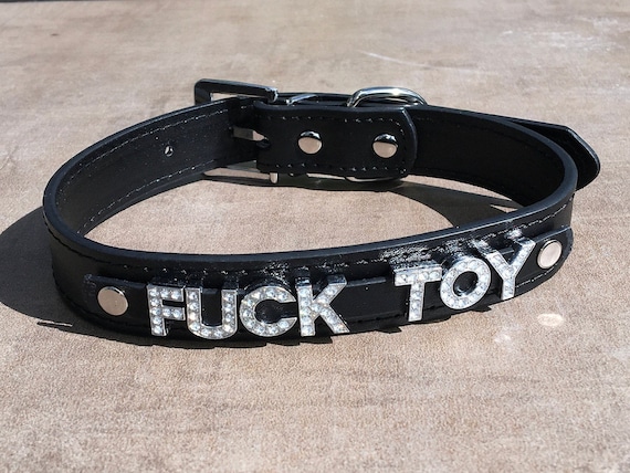 FUCKTOY Fuck Toy rhinestone choker Black vegan leather collar for daddy's little slut ddlg hotwife shared owned Cum Slut Fuck Me