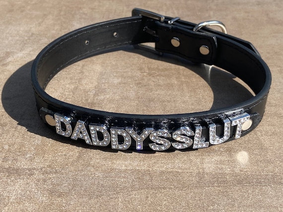 DADDYS SLUT rhinestone choker sparkly black bdsm collar for daddy's little cumslut ddlg hotwife shared owned bondage Cum Slut Fuck Me