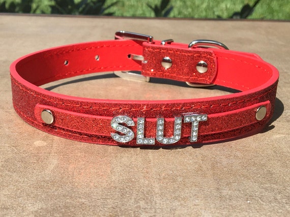 SLUT rhinestone choker Hot Sparkly Red vegan leather collar for daddy's little princess whore ddlg hotwife shared owned Cumslut Fuck Me