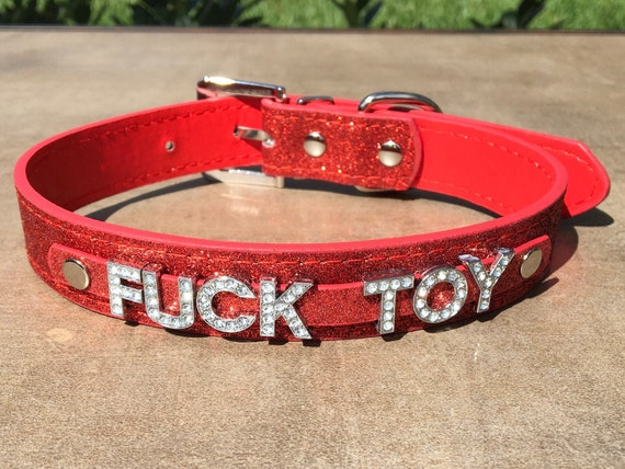 FUCKTOY Fuck Toy rhinestone choker Sparkly Red Hot vegan leather collar for daddy's little slut ddlg hotwife shared owned Cum Slut Fuck Me