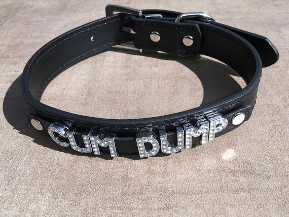 CUMDUMP Rhinestone Choker Cum Dump Black Vegan Leather Collar for daddy's little slut ddlg hotwife shared owned Cum Slut Fuck Me