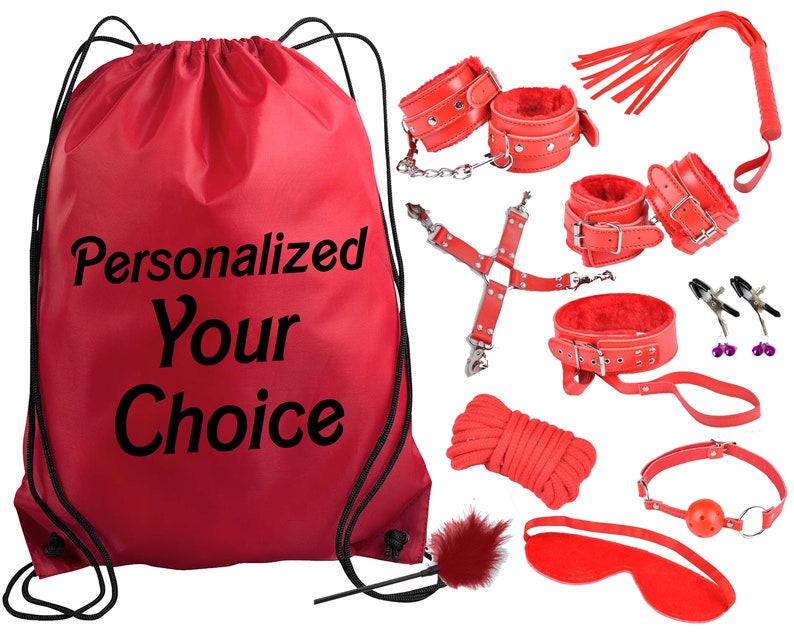 Beginners Bondage Kit and Personalized Storage Bag - Daddy Master DDLG BDSM CGLG Submissive Dominant Rope Cuffs Leash Whip Nipple Clamps 