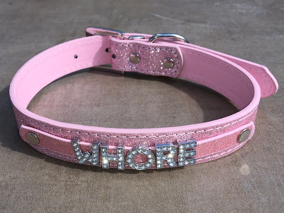 WHORE rhinestone choker Sparkly Baby Pink vegan leather collar daddy's little princess slut ddlg hotwife shared owned Vixen Hungry Cumslut