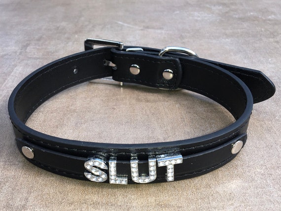 SLUT rhinestone choker Black vegan leather collar for daddy's little princess whore ddlg hotwife shared owned Cumslut Fuck Me