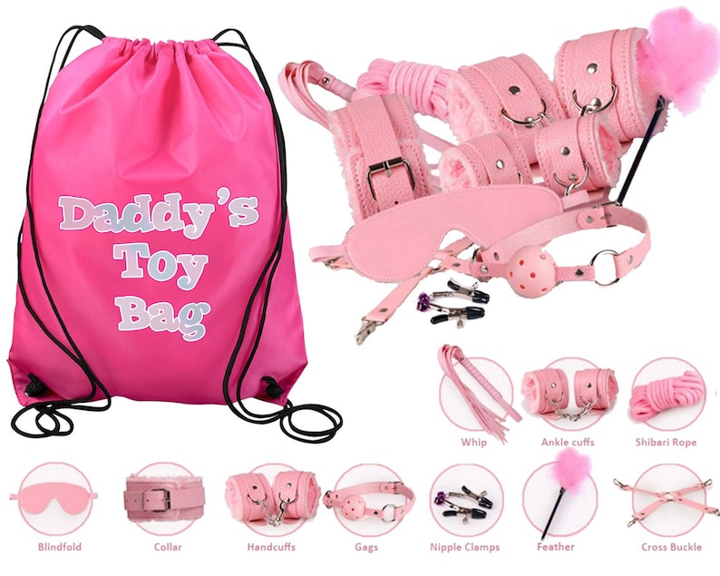 Sparkly Pastel Daddys Toy Bag Beginners Pink Bondage Kit Daddy Master DDLG BDSM CGLG Submissive Dominant Rope Cuffs Leash Whip Nipple Clamps 