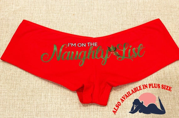 Red boyshort with glitter logo I'm ON The NAUGHTY LIST sexy for Christmas fun and flirty stocking stuffer - Have you been bad this year???