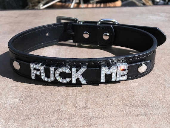 FUCK ME rhinestone choker FuckMe black vegan leather collar daddy's little slut ddlg hotwife shared owned hot wife vixen hungry cock whore