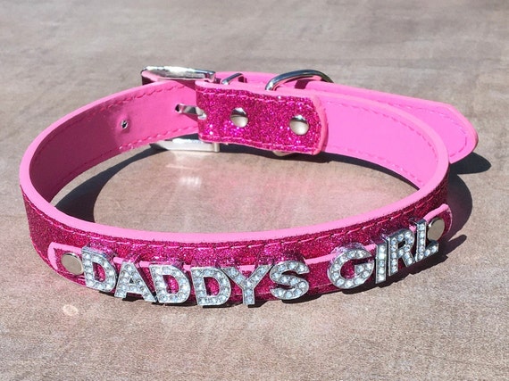 DADDYS GIRL rhinestone choker sparkly hot pink vegan leather bdsm collar daddy's little cumslut ddlg hotwife shared owned bondage Cum Slut