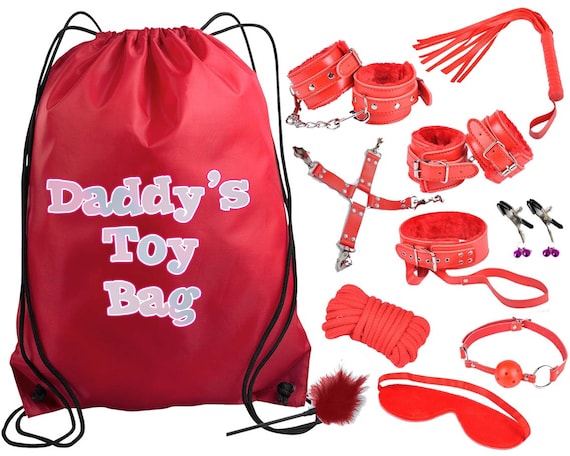Sparkly Pastel Daddys Toy Bag Beginners Red Bondage Kit Daddy Master DDLG BDSM CGLG Submissive Dominant Rope Cuffs Leash Whip Nipple Clamps