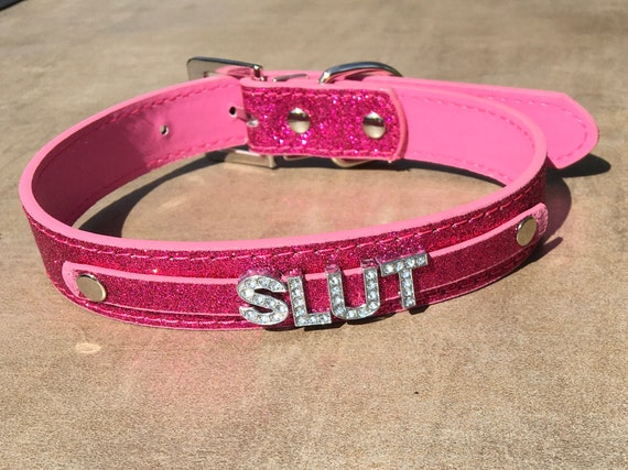 SLUT rhinestone choker Sparkly Fuchsia Pink vegan leather collar for daddy's little princess whore ddlg hotwife shared owned Cumslut Fuck Me