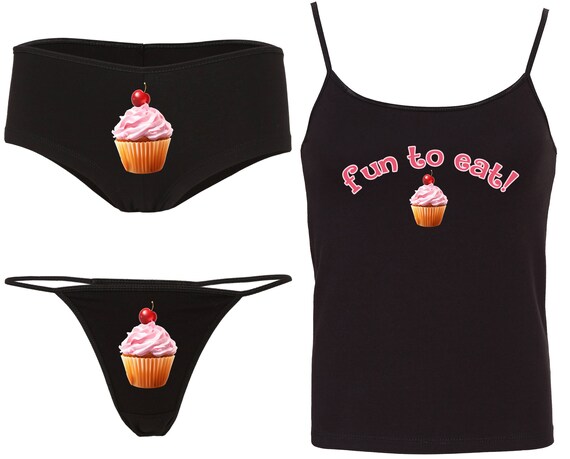 FUN To EAT Camisole Set with matching CUPCAKE boy short or thong panties boyshort fun flirty hen party bachelorette or bridal panty game