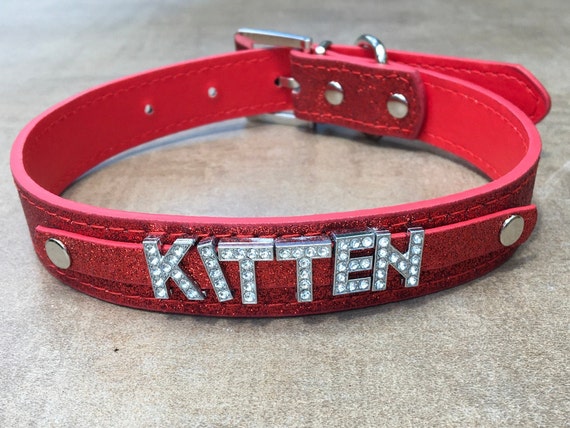 KITTEN rhinestone choker Sparkly RED HOT leather collar daddys little babygirl slut whore ddlg hotwife shared owned Cumslut Girl Princess